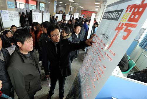 2月15日,招聘企業(yè)的員工正在給應(yīng)聘者介紹自己?jiǎn)挝坏恼衅感畔ⅰ.?dāng)日,安徽省合肥市廬陽(yáng)區(qū)舉辦企業(yè)用工專(zhuān)場(chǎng)招聘會(huì),本次招聘會(huì)主題為服務(wù)企業(yè)用工、引導(dǎo)就地就業(yè)。據(jù)介紹,因?yàn)檎泄るy等因素,合肥節(jié)后招聘企業(yè)多利用改善用工條件、提高薪金待遇等方法,力爭(zhēng)留住本地及外來(lái)務(wù)工人員就地就業(yè)。當(dāng)?shù)厝松绮块T(mén)也側(cè)重服務(wù)企業(yè)招聘,做到企業(yè)、應(yīng)聘者雙向合作,就地就業(yè)。當(dāng)日招聘會(huì)共有100多家企業(yè)參加,提供3000多個(gè)就業(yè)崗位。新華社記者 郭晨 攝