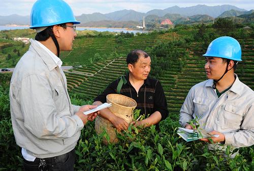 黃山區(qū)供電公司工作人員在向當(dāng)?shù)夭柁r(nóng)房成銀(中)講解安全用電常識(5月9日攝)。目前,正值安徽黃山的制茶高峰時期,在此期間的電力故障不僅影響茶葉品質(zhì),而且將給茶農(nóng)造成巨大經(jīng)濟(jì)損失。為保障茶葉生產(chǎn)用電,今年以來,當(dāng)?shù)毓╇姴块T改造線路140公里,增加變壓器容量5.5萬千伏安,有效解決了大負(fù)荷用電問題。據(jù)了解,從2005年起黃山供電公司開展“陽光茶園行”服務(wù)活動。截至目前,當(dāng)?shù)毓╇姴块T共投入資金1.74億元,在茶區(qū)架設(shè)電力線路1432公里,增容變壓器達(dá)12.7萬千伏安,為黃山市70多萬茶農(nóng)做好供電保障。新華社記者 李健 攝