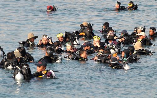 1月30日,游客在國(guó)家5A級(jí)旅游景區(qū)海南分界洲島旅游區(qū)潛水。新華社記者 趙穎全 攝