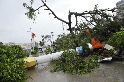 9月23日,在汕尾市區(qū),倒塌的路燈、樹木將道路阻斷。新華社記者 梁旭 攝