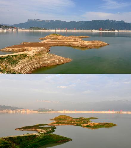 上圖:2011年5月31日在湖北省秭歸縣木魚島拍攝的三峽水庫水位情況;下圖:8月7日在湖北省秭歸縣木魚島拍攝的三峽水庫水位情況(拼版照片)。 由于攔蓄洪水,三峽水庫水位明顯上漲。至8月7日19時,三峽水庫水位達到152.70米,高出防洪限制水位7.7米。長江上游形成的流量為3.5萬立方米/秒的新一輪洪水于8月6日8時抵達三峽。按長江防總調(diào)度,三峽水庫樞紐積極發(fā)揮防洪功能,以2.7萬立方米/秒左右流量控制下泄,每秒攔蓄洪水約0.8萬立方米。 新華社發(fā)(鄭家裕 攝)
