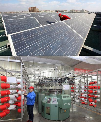 上圖:1月12日,工作人員在檢查即發(fā)屋頂太陽能光伏發(fā)電站設(shè)備;下圖:1月12日,青島即發(fā)集團織布生產(chǎn)車間利用屋頂太陽能光伏發(fā)電站產(chǎn)生的電能生產(chǎn)(拼版圖片)。 當日,大唐山東發(fā)電有限公司即發(fā)屋頂太陽能光伏發(fā)電站并網(wǎng)投運。該項目建設(shè)規(guī)模為3兆瓦,采用屋頂晶體硅光伏發(fā)電系統(tǒng),有效利用青島即發(fā)集團廠房屋頂面積4.5萬平方米,預(yù)計年發(fā)電量達360萬千瓦時,平均年節(jié)約標準煤1405噸,減排二氧化碳3653噸。 新華社發(fā)(梁孝鵬 攝)