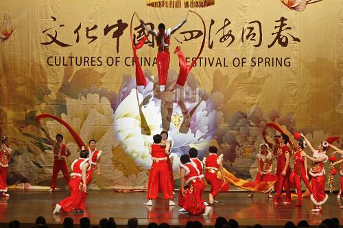 2月7日,在澳大利亞昆士蘭州的布里斯班,來自中國的“文化中國·四海同春”藝術(shù)團演員在表演。當天,“文化中國·四海同春”赴大洋洲藝術(shù)團在布里斯班舉行慰僑訪問演出。“文化中國·四海同春”赴大洋洲藝術(shù)團由廣州軍區(qū)戰(zhàn)士雜技團組成,該團是中國雜技界的頂級團體,曾在海內(nèi)外雜技賽場上獲得過許多重大獎項。此次慰僑演出的12個節(jié)目中包括獲得過國家最高個人表演獎的《男女軟功》、獲得過世界雜技界最高獎項金小丑獎的《東方天鵝――芭蕾對手頂》以及傳統(tǒng)項目《高空踢碗》等。新華社記者 金林鵬 攝
