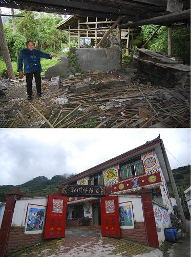 四川汶川縣三江鄉(xiāng)居民費(fèi)學(xué)英被地震摧毀的舊居(上)和災(zāi)后重建的新家(下)(9月25日攝)。 “5·12”地震后,廣東惠州市援建汶川縣三江鄉(xiāng)的46個(gè)恢復(fù)重建項(xiàng)目已于2009年9月整體竣工并交付使用。惠州市還將三江鄉(xiāng)作為惠州的“編外鄉(xiāng)鎮(zhèn)”,對(duì)其給予長(zhǎng)期幫扶。短短兩年時(shí)間,汶川縣三江鄉(xiāng)在廢墟上建起了美麗的新家園。 新華社發(fā)(張大崗 攝)