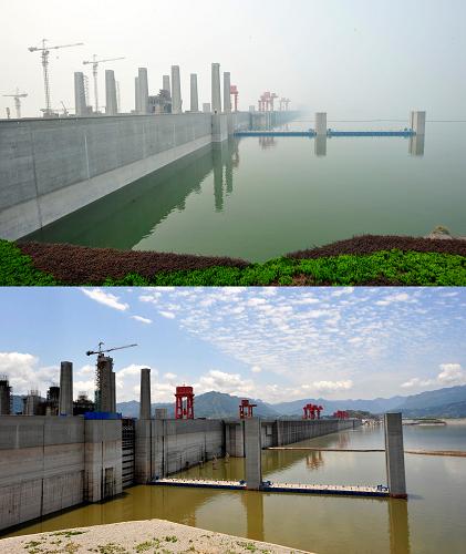 上圖:10月10日在三峽大壩前拍攝的水庫(kù)蓄水情況;下圖:6月24日在三峽大壩前拍攝的水庫(kù)蓄水情況(拼版照片)。 10月10日上午7時(shí),三峽水庫(kù)壩前水位達(dá)到170米,175米試驗(yàn)性蓄水進(jìn)入最后5米沖刺。三峽水利樞紐汛后實(shí)驗(yàn)性蓄水于9月10日開(kāi)始,計(jì)劃于10月底或11月初蓄至175米。 新華社發(fā)(鄭家裕 攝)
