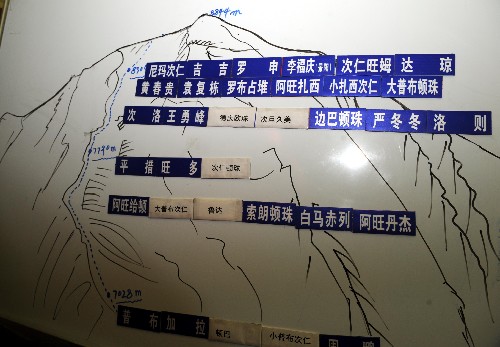 奧運火炬正向珠峰峰頂挺進 5月8日凌晨,北京奧運圣火珠峰傳遞登山隊從海拔8300米的突擊營地出發(fā),向著珠峰峰頂沖擊。目前,登山隊已經(jīng)越過第二臺階。這是珠峰大本營指揮帳篷內(nèi)的戰(zhàn)術(shù)布置圖。 新華社記者格桑達瓦攝