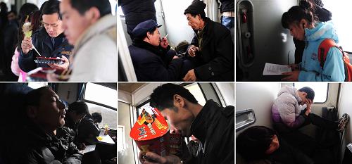這是記者在包頭開(kāi)往南昌的1484次列車擁擠的硬座車廂里拍攝的回家的旅客(攝于1月27日)。“千難萬(wàn)難,回家過(guò)年”。春節(jié)漸近,不管身在何方,不管路途有多么遙遠(yuǎn)艱辛,外出異鄉(xiāng)工作的人們紛紛踏上回家的旅途和親人團(tuán)聚。新華社記者 任軍川 攝