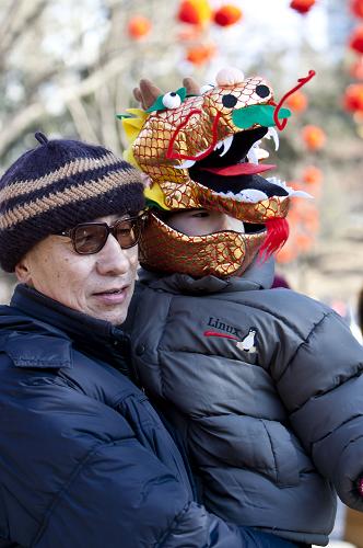1月24日,一名小朋友戴著“龍頭”棉帽和家長(zhǎng)一起逛北京廠甸廟會(huì)。 在京城廟會(huì)上,人們以龍形服飾裝扮成各式“龍人”,營(yíng)造出濃濃的節(jié)日氣氛。 新華社發(fā)(趙冰 攝)
