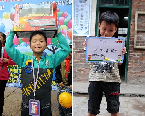 右圖:蔣俊威,男,7歲,小學一年級。跟爸媽從湖南來到柳州讀書,希望有一輛遙控玩具汽車。(5月25日攝) 左圖:5月27日,蔣俊威開心地收到愛心人士贈送的一臺遙控玩具汽車。新華社發(fā)(黎寒池 攝)
