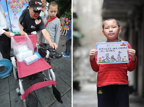 右圖:龍永晟,男,8歲,小學二年級。他說:“每次爸爸坐著那輛破舊的木板車進出都很吃力,幾次差點滑倒,如果爸爸能夠有一輛輕便的輪椅,我們一家人就能一起出去散步了。”(5月25日攝) 左圖:5月27日,愛心人士為龍永晟捐贈一輛電動輪椅。新華社發(fā)(黎寒池 攝)
