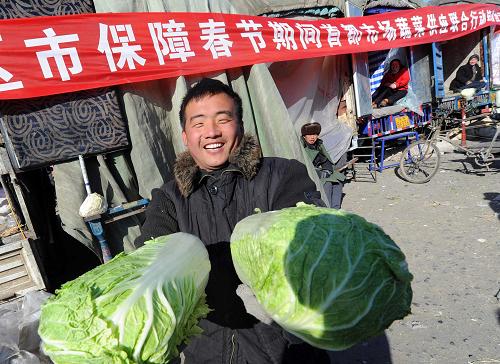 1月15日,在北京新發(fā)地批發(fā)市場“七省區(qū)市保障春節(jié)期間首都市場蔬菜供應(yīng)聯(lián)合行動”銷售專區(qū),一位蔬菜經(jīng)銷商在展示剛剛運抵市場的大白菜。當日,為保障春節(jié)期間首都市場蔬菜等農(nóng)產(chǎn)品貨源充足、供給穩(wěn)定,北京市與河北、海南、山東、內(nèi)蒙古、甘肅、寧夏這些供京蔬菜主產(chǎn)地政府聯(lián)合開展的“七省區(qū)市保障春節(jié)期間首都市場蔬菜供應(yīng)聯(lián)合行動”正式啟動。活動期間,北京市蔬菜日均供應(yīng)量將增加2000噸以上,增幅達到10%—15%,銷售品種主要包括居民日常生活所需的大白菜、蘿卜、土豆、黃瓜、西紅柿等10個品種,此項活動將一直持續(xù)到3月15日。新華社記者 公磊 攝