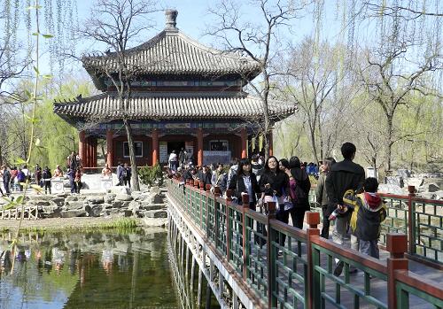 4月3日,眾多游客在北京圓明園踏青賞景。新華社發(fā)(王振 攝)