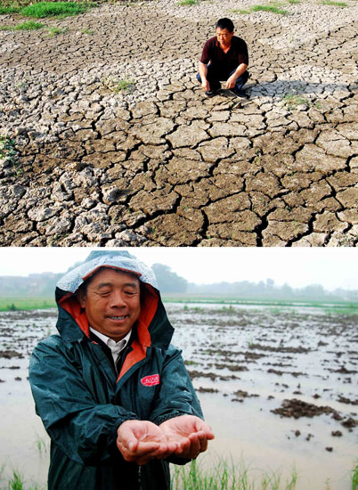 這張拼版照片顯示的是:上圖為江西省九江縣城子鎮(zhèn)種糧大戶張國周面對因干旱無法栽種的農(nóng)田欲哭無淚(5月20日攝),下圖為江西省九江縣城子鎮(zhèn)種糧大戶張國周手捧著雨水喜笑顏開(6月4日攝)。從6月2日開始,江西省迎來持續(xù)雨水天氣,使旱情得到緩解,當(dāng)?shù)剞r(nóng)民利用降雨時機(jī)全力抓好農(nóng)業(yè)生產(chǎn)。預(yù)計未來幾日,江西省將迎來入汛以來最強(qiáng)降雨過程,氣象專家提醒相關(guān)地區(qū)注意防范旱澇急轉(zhuǎn)的局面。 新華社發(fā)(胡國林 攝)