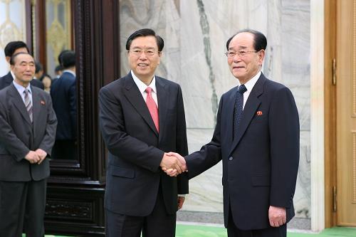 7月12日,在朝鮮出席《中朝友好合作互助條約》簽訂50周年紀念活動的中國友好代表團團長、國務院副總理張德江(前左)在平壤萬壽臺議事堂會見朝鮮最高人民會議常任委員會委員長金永南(右)。新華社記者 張利 攝