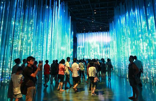 8月11日,游客正在中國(guó)館內(nèi)參觀“意向植物”展項(xiàng)。新華社記者 裴鑫 攝