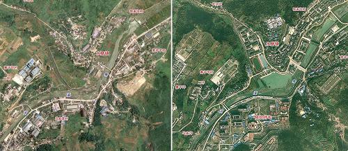 汶川縣水磨鎮(zhèn)震后(左圖)和重建后(右圖)對比圖。新華社發(fā)