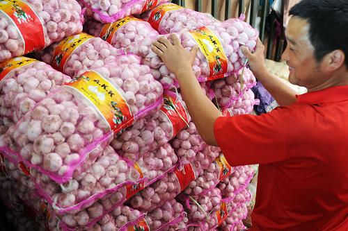 5月28日,在合肥一家農(nóng)產(chǎn)品批發(fā)市場,經(jīng)銷商將大蒜擺放整齊。新華社全國農(nóng)副產(chǎn)品和農(nóng)資價(jià)格行情系統(tǒng)監(jiān)測顯示,近日全國大蒜價(jià)格出現(xiàn)上漲,且漲速較快。與5月21日相比,5月27日全國大蒜價(jià)格平均上漲6.3%,其中北京、海南、黑龍江、上海、河北價(jià)格漲幅居前,分別為30.8%、23.4%、19.5%、19.1%、15.9%。新華社記者 杜宇 攝