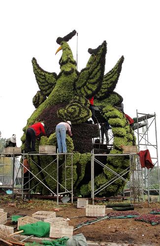 9月26日,濟南園林工人在玉函路搭建大型植物立體造型。節(jié)日臨近,濟南市在城區(qū)主要路口布置了18組大型植物立體造型,增添節(jié)日氣氛。此外,濟南市園林部門近期還將在43條道路、10處廣場、28處節(jié)點公園、13處橋體布置時令花卉650萬盆(株),擺放花樹、花柱、花缽等300組,布置移動園林景觀300余盆。新華社記者 徐速繪 攝