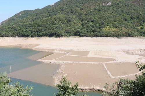 由于連日高溫少雨,舟山市定海長春嶺水庫蓄水量大幅下降(8月11日攝)。7月份以來,舟山島城一直干旱少雨,平均降水量比常年同期偏少九成。受持續(xù)高溫少雨天氣影響,截至8月10日,浙江省農(nóng)田農(nóng)作物受旱面積已達(dá)312千公頃,41.7萬人出現(xiàn)因旱飲水困難。按照《浙江省防汛防臺抗旱應(yīng)急預(yù)案》的規(guī)定,浙江省防指8月11日決定將抗旱應(yīng)急響應(yīng)由Ⅳ級提升為Ⅲ級,受干旱影響地區(qū)按預(yù)案啟動相應(yīng)的應(yīng)急響應(yīng),做好防旱抗旱各項工作。新華社記者 徐昱 攝