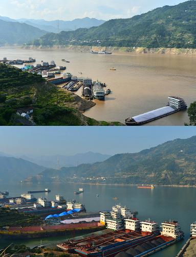這是一張拼版圖片。上圖:2013年7月13日,三峽水庫水位降至迎汛水位時,三峽大壩上游沙灣錨地的水位情況;下圖:2013年10月13日在三峽大壩上游沙灣錨地水位上漲超過170米后拍攝的景象。新華社發(fā)(鄭家裕 攝)
