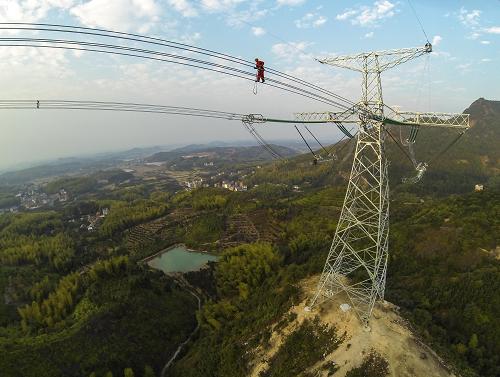10月30日,浙江省送變電公司的施工人員在50多米高的輸電線路上進(jìn)行走線巡查。新華社記者 徐昱 攝