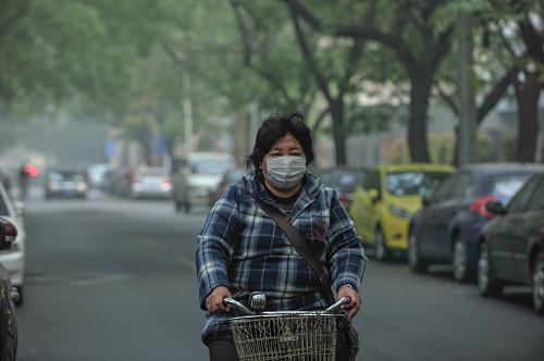 11月2日,在北京西城區(qū)佟麟閣路,一位行人戴著口罩騎自行車出行。新華社記者 楊光 攝