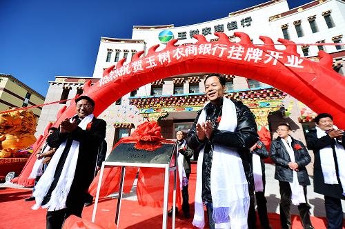 11月24日,玉樹藏族自治州副州長尕桑(左)與青海省農村信用社聯(lián)合社副主任王實為玉樹農商銀行揭牌。11月24日,青海藏區(qū)首家農業(yè)股份制商業(yè)銀行——青海玉樹農村商業(yè)銀行股份有限公司掛牌開業(yè)儀式在玉樹藏族自治州結古鎮(zhèn)舉行。據(jù)了解,玉樹農商銀行的掛牌開業(yè),將更好滿足玉樹地區(qū)農牧民群眾金融服務、信貸資金的需求,進一步推動玉樹地區(qū)中小微企業(yè)和城鄉(xiāng)統(tǒng)籌發(fā)展。新華社記者 吳剛 攝