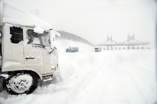 11月25日,持續(xù)不斷的大雪使牡丹江境內(nèi)的高速公路全部封閉,部分車輛滯留在高速路口。新華社發(fā)(張春祥 攝)
