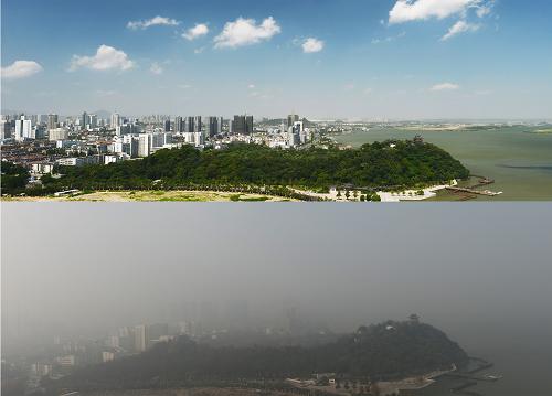 這張拼版照片顯示的是:7月14日拍攝的江蘇鎮(zhèn)江北固山風景區(qū)(上圖);12月7日拍攝的霧霾中的北固山風景區(qū)(下圖)。 新華社發(fā)(陳崗 攝)