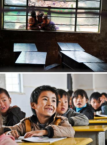 這張拼版圖片顯示的是:在貴州省威寧縣云貴鄉(xiāng)檢角小學(xué),三名因地震影響不能上課的學(xué)生透過窗戶觀察教室內(nèi)的情況(上圖,2012年9月8日攝);云貴鄉(xiāng)檢角小學(xué)的孩子們?cè)跒?zāi)后重建的教室里學(xué)習(xí)(下圖,2013年12月7日攝)。新華社發(fā)(楊文斌 攝)
