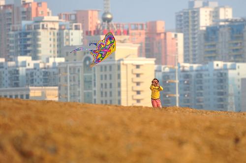 在廣西南寧市秀廂大道的大片住宅區(qū)前,一位小女孩在收回高飛的風箏(2月27日攝)。新華社記者 黃孝邦 攝