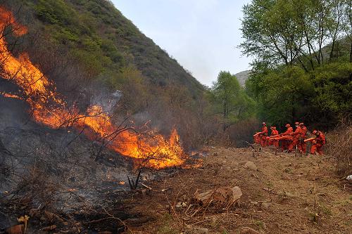 5月1日,中國武警森林指揮部機(jī)動(dòng)支隊(duì)一大隊(duì)的隊(duì)員在滅火。新華社記者 詹彥 攝