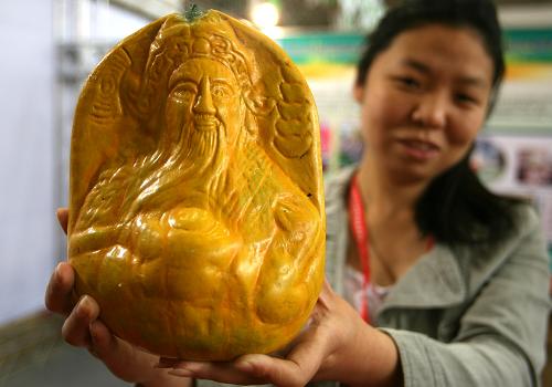 5月11日,在北京全國農(nóng)展館舉行的國際現(xiàn)代農(nóng)業(yè)展覽會上,參展商展示造型南瓜。新華社發(fā)(趙冰 攝)