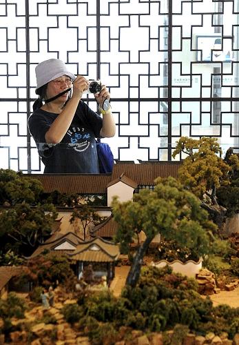 5月17日,一名參觀者在蘇州園林博物館內(nèi)“拙政園”模型前拍照。新華社發(fā)(杭興微 攝)