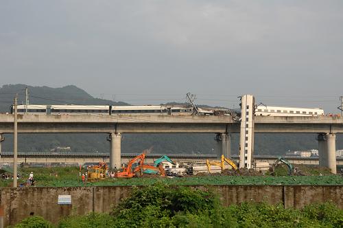 7月24日,救援人員和施工人員在清理事故現(xiàn)場。 記者從浙江省政府應(yīng)急辦最新獲悉,截至24日凌晨四點,兩列動車溫州境內(nèi)追尾事故已造成32人遇難,受傷人數(shù)上升至191名,目前救援人員和施工人員正在清理事故現(xiàn)場。 新華社記者 鞠煥宗 攝