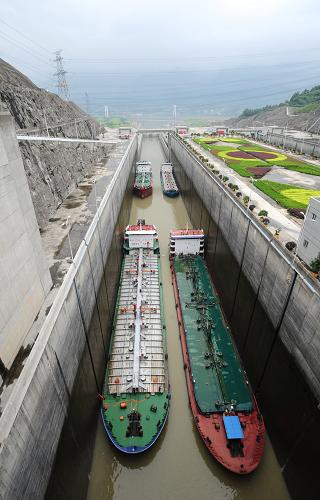 8月1日,數(shù)艘油駁船在三峽船閘北線三閘室過閘。新華社發(fā)(鄭家裕 攝)