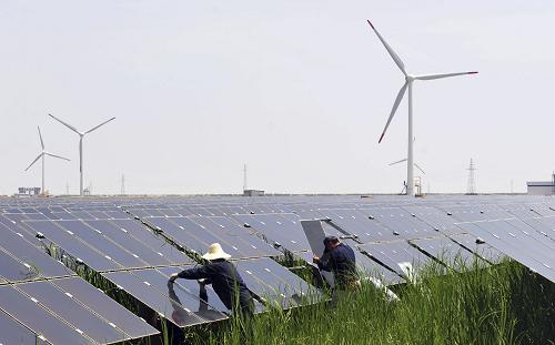 8月1日,在江蘇大豐的薄膜太陽能電站,工人悉心維護非晶硅薄膜光伏組件。新華社發(fā)(周古凱 攝)