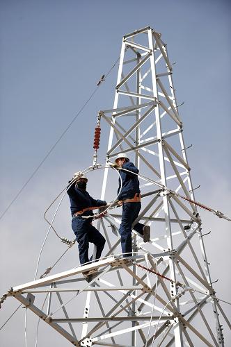 寧夏吳忠市供電局工作人員在同心縣丁塘鎮(zhèn)龍灣變電站進(jìn)行線路改造(3月30日攝)。新華社記者 王鵬 攝
