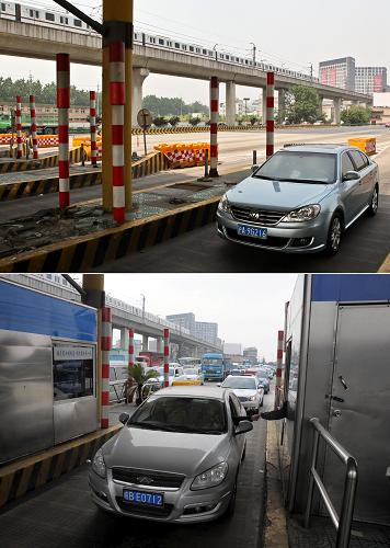 這是一張拼版照片。上圖:2012年5月6日,車輛從拆除收費(fèi)亭的上海滬嘉高速公路南翔收費(fèi)站經(jīng)過。下圖:2011年12月29日,車輛在上海滬嘉高速公路南翔收費(fèi)站停車收費(fèi)。近日,國內(nèi)首條高速公路——上海滬嘉高速收費(fèi)設(shè)施拆除工作已經(jīng)展開,目前,滬嘉高速公路的收費(fèi)亭已經(jīng)全部拆除完畢。全長18.5公里的滬嘉高速是國內(nèi)第一條高速公路,于1984年開建,1988年通車。上海從2012年起將滬嘉高速公路調(diào)整為城市快速路,全面取消收費(fèi)。還從今年2月起啟動(dòng)了改建大修工程,將原先高速公路收費(fèi)站改、遷建,同時(shí)進(jìn)行拓寬,使這條公路通行能力更強(qiáng)。新華社發(fā)(鈕一新 攝)