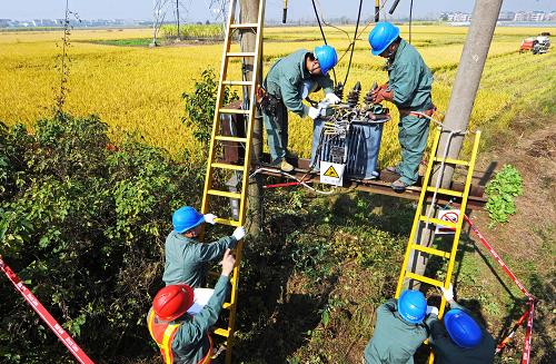 11月19日,義烏市供電局的電工們在測試一臺農(nóng)用變壓器的絕緣電阻。秋收冬種時節(jié),浙江省義烏市電力部門精心編制支農(nóng)保電措施和應(yīng)急預(yù)案,在組織電力支農(nóng)服務(wù)隊上門為種糧大戶排憂解難的同時,還開通農(nóng)忙用電綠色通道以優(yōu)先辦理農(nóng)戶臨時用電申請,并對全市農(nóng)村用電線路和設(shè)備進行隱患排查和維護檢修。目前,義烏市供電局已排查全市327個行政村的農(nóng)業(yè)用電設(shè)施,消除隱患72處。新華社記者 譚進 攝