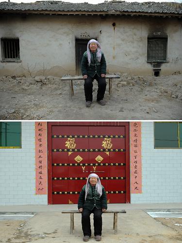 蒲城縣上王鎮(zhèn)太睦村的劉桂菊老人坐在以前居住的危房前(上圖,1月22日攝);蒲城縣上王鎮(zhèn)太睦村的劉桂菊老人坐在新居前(下圖,1月22日攝)。新華社記者 李一博 攝