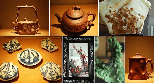 中國(guó)梅花藝術(shù)中心里展出紫砂茶壺、古玩、玉石、根雕等主題展品(1月23日攝)。新華社發(fā)(李響 攝)