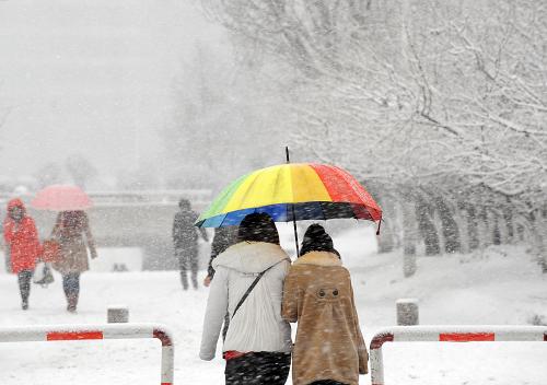 2月28日,行人在沈陽(yáng)街頭冒雪前行。新華社記者 李鋼 攝