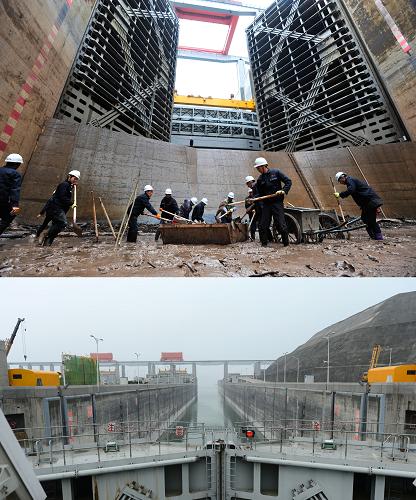 這張拼版照片顯示的是:2013年3月2日,三峽北線船閘在進(jìn)行檢修(上圖);3月21日,三峽北線船閘檢修結(jié)束后進(jìn)行充水試驗(yàn)(下圖)。新華社發(fā)(鄭家裕 攝)