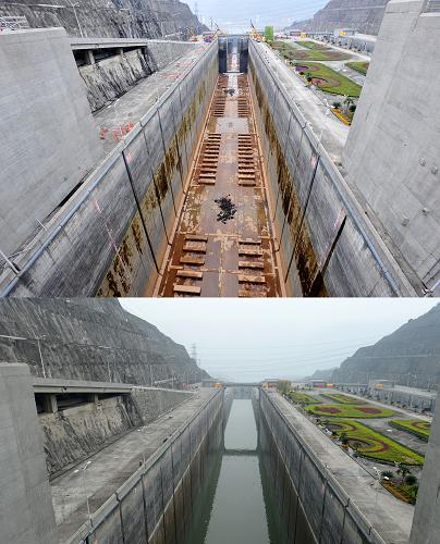 這張拼版照片顯示的是:2013年3月2日,三峽北線船閘在進(jìn)行檢修(上圖);3月21日,三峽北線船閘檢修結(jié)束后進(jìn)行充水試驗(yàn)(下圖)。新華社發(fā)(鄭家裕 攝)