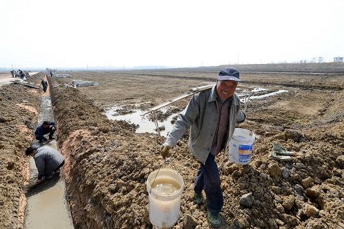 3月28日,一位農(nóng)民在進(jìn)行高標(biāo)準(zhǔn)農(nóng)田的整治工作。小崗村村委會將329戶農(nóng)民的土地集中起來,整治成4300畝高標(biāo)準(zhǔn)農(nóng)田,準(zhǔn)備在今年上半年對外流轉(zhuǎn)。新華社發(fā)(張端 攝)