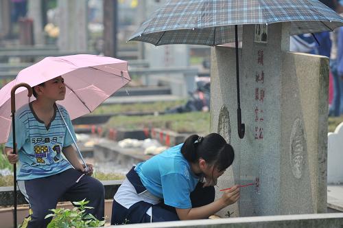 4月4日,祭掃的市民在海口市顏春嶺安樂(lè)園內(nèi)的一處墓碑前描字。新華社記者 施鰻珂 攝