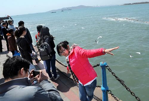 4月14日,游客在青島棧橋海邊觀賞拍照。為進(jìn)一步加強(qiáng)H7N9禽流感防治工作, 近日,青島市防控重大動(dòng)物疫病指揮部發(fā)出通知,要求暫時(shí)關(guān)閉全市范圍內(nèi)的活禽和鳥(niǎo)類交易場(chǎng)所,對(duì)公園、動(dòng)物園等場(chǎng)所的禽鳥(niǎo)實(shí)行封閉管理,暫停各類信鴿放飛活動(dòng),并勸導(dǎo)游人暫停喂食海鷗等禽鳥(niǎo)的活動(dòng),避免與禽鳥(niǎo)直接接觸。新華社記者 李紫恒 攝