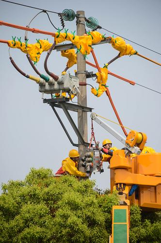 4月17日,湖州電力局工作人員準(zhǔn)備進(jìn)行帶電作業(yè)。新華社記者 徐昱 攝