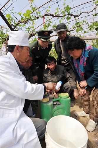 4月20日,遼寧營(yíng)口邊防支隊(duì)開(kāi)發(fā)區(qū)邊防大隊(duì)邀請(qǐng)高級(jí)農(nóng)技師汪興濤(左一)深入遼寧省重要葡萄產(chǎn)地——蓋州市熊岳鎮(zhèn)葡萄種植園區(qū)向果農(nóng)講解農(nóng)藥配比及病蟲(chóng)防治等科技知識(shí)。新華社發(fā)(王朝輝 攝)